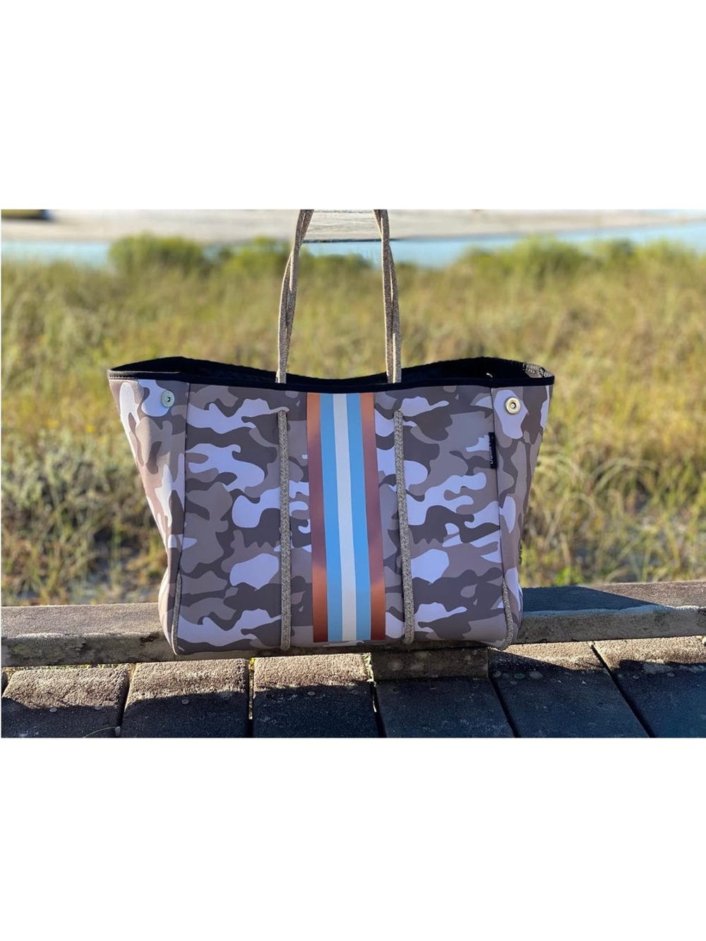 Camouflage Stripe Neoprene Tote Bag - Taupe & Blue